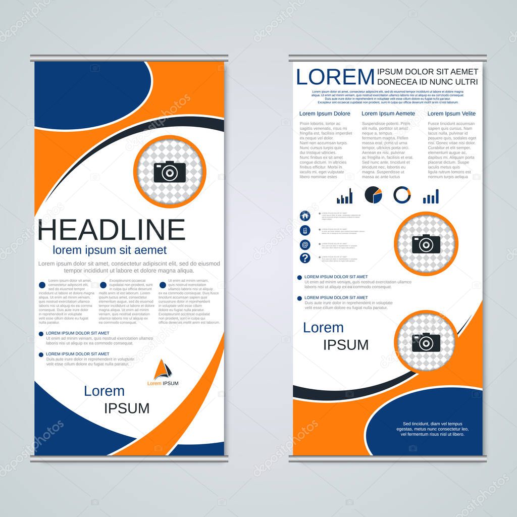 Modern geometric roll-up business banners, two-sided flyer vector design template