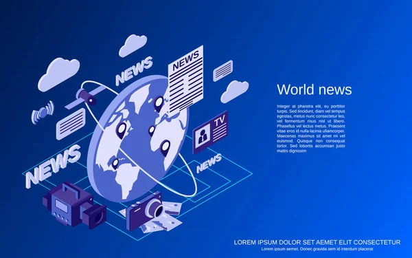 Mundo Noticias Plano Vector Isométrico Concepto Ilustración — Vector de stock