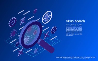 Bilgisayar güvenliği, virüs araması, antivirüs, veri koruması, casus yazılım düz izometrik vektör çizimi