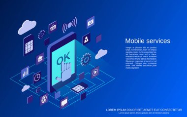 Cep telefonu hizmetleri düz izometrik vektör çizimi