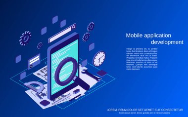 Mobile application development, program coding flat 3d isometric vector concept illustration clipart svg vector 