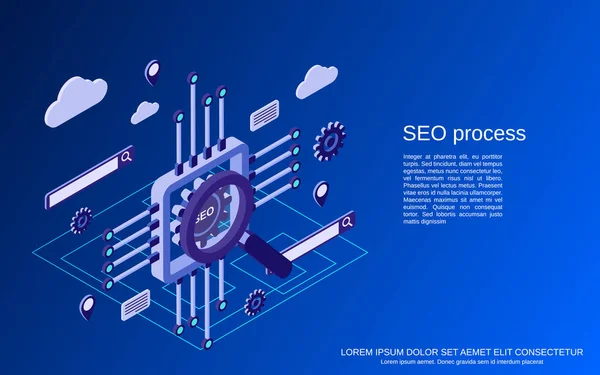 Seo Optimización Búsqueda Información Análisis Datos Plana Concepto Vector Isométrico — Vector de stock