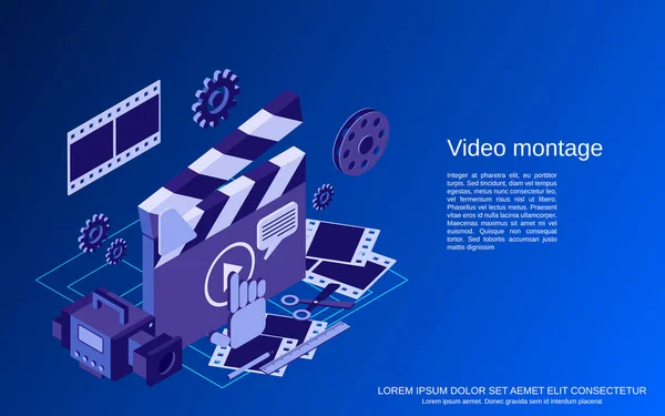 Videoproduktion Redigering Montage Platt Isometrisk Vektor Begrepp Illustration — Stock vektor