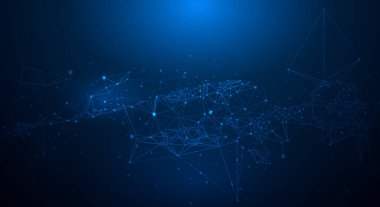 Vektör çizim molekül, nokta ile bağlantılı çizgilerin, teknoloji mavi zemin üzerine. İnternet ağ bağlantısı tasarım web sitesi için soyut. Dijital veri, iletişim, bilim ve fütüristik konsept