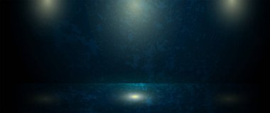 Vector soyut boş koyu mavi ve siyah renkli ışık ışınlı stüdyo odası. Çizim tasarımı, boş veya boş boşluklu spot ışığı ve beton dokusu, çimento duvar arkaplanı.