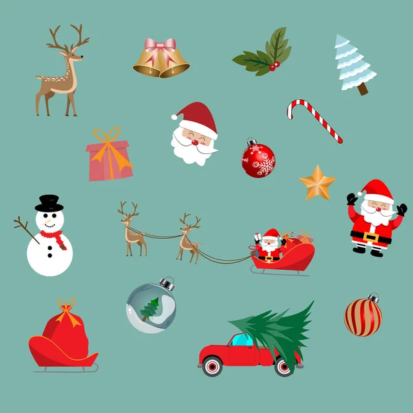 Gyűjteménye karácsonyi elemek és dekoráció, karácsonyi dísz szimbólumok zöld háttér — Stock Vector