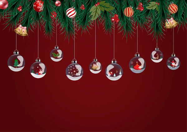 Vrolijk Kerstfeest en Gelukkig Nieuwjaar met kerstbal voor decoratie dennenboom. — Stockvector