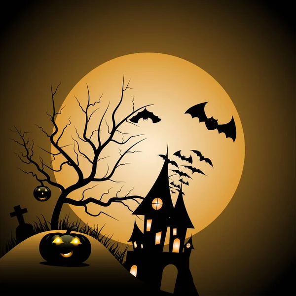 Halloween sfondo notte con zucca, casa infestata e luna piena — Vettoriale Stock