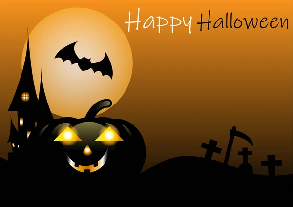 Fond de nuit Halloween avec citrouille, maison hantée et pleine lune — Image vectorielle