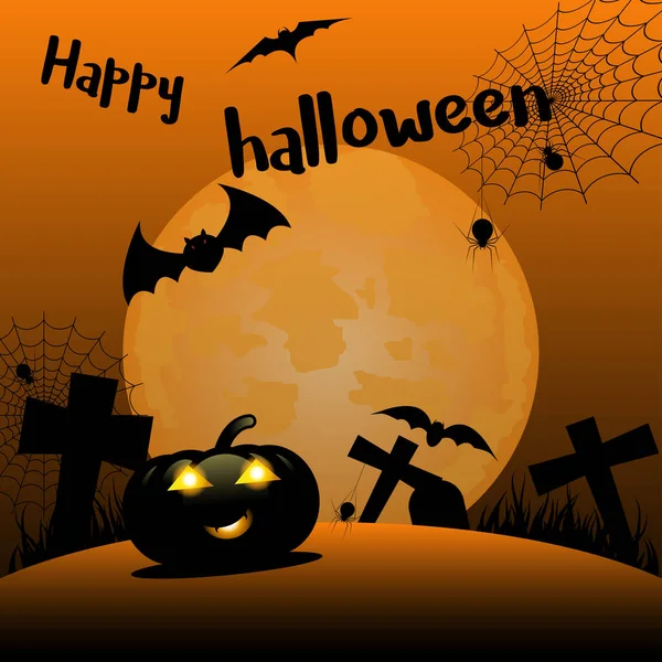 Halloween Night Background Pumpkin Haunted House Full Moon Vector Illustration — Stock Vector