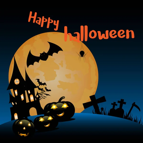 Halloween Night Background Pumpkin Haunted House Full Moon Vector Illustration — ストックベクタ