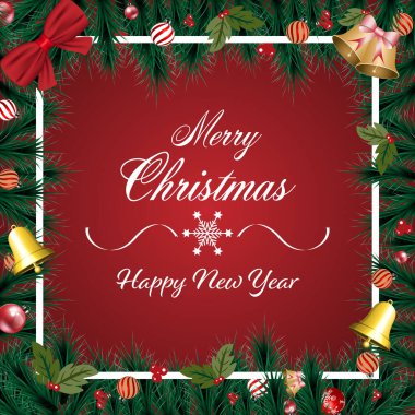 Mutlu noel afişleri, kırmızı arka planda yeşil çam dalları