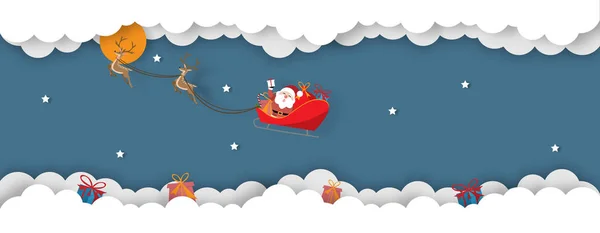 Noel Baba 'nın ren geyiği kızağına bindiği Noel kutlamaları mutlu noel kağıtları kesim stili.