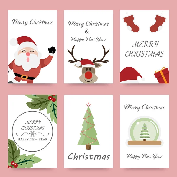 Buon Natale biglietto di auguri set con simpatico ornamento natalizio su sfondo rosa — Vettoriale Stock