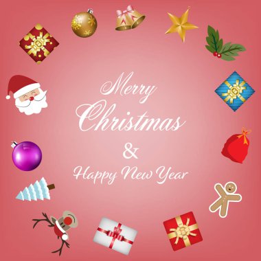 Mutlu Noeller ve mutlu yıllar Pembe arka planda noel süsleriyle.