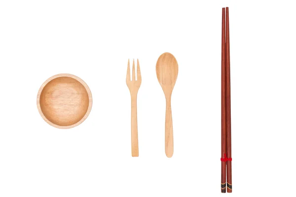 Vista superior: cuchara de madera, taza de madera y palillos de madera . —  Fotos de Stock