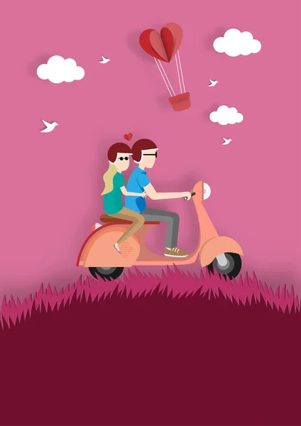 Счастливый День Святого Валентина с счастливой парой едет на скутере — стоковый вектор