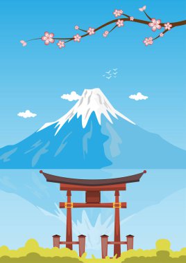 Japonya kapıları ve sakura çiçekli Fujiyama dağı, seyahat kartpostalı, Japonya 'nın tur reklamı. Vektör illüstrasyonu.