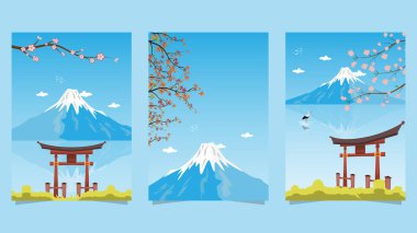 Japonya kartpostal seti, Japonya kapıları ve sakura çiçekli Fujiyama dağı, seyahat kartpostalı, Japonya 'nın tur reklamları. Vektör illüstrasyonu.