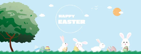 Feliz Tarjeta Felicitación Pascua Con Conejo Huevos Pascua Hierba Del — Vector de stock