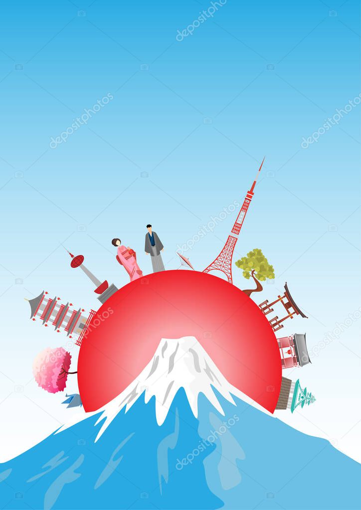 Travel postcard, tour advertising of Japan. Vector illustration.