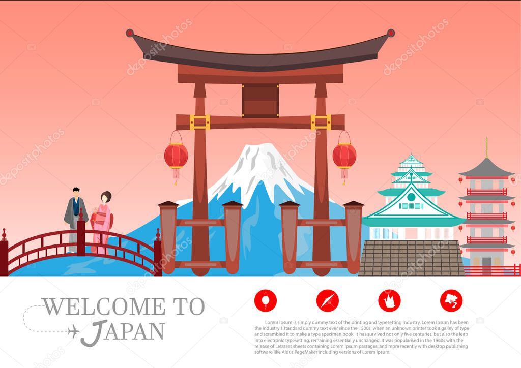 Travel postcard, tour advertising of Japan. Vector illustration.