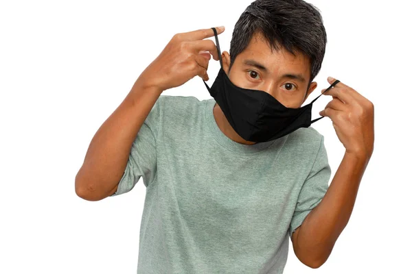 Close Young Male Wearing Protective Face Mask White Background Clipping — Stock Photo, Image