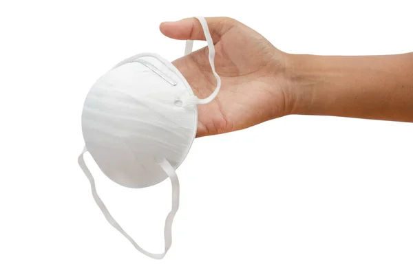 Hand Houden Medisch Masker Beschermende Medische Gezichtsmasker Geïsoleerd Witte Achtergrond — Stockfoto