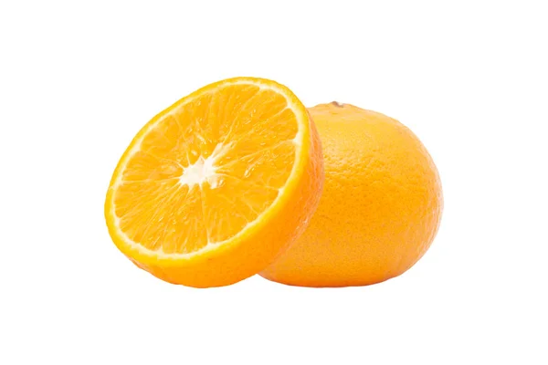 Frische Orangenfrüchte Und Orangenscheiben Isoliert Auf Weißem Hintergrund Schneidepfade — Stockfoto