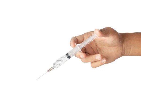 Spruta Medicinsk Injektion Handen Medicin Plast Vaccinationsutrustning Med Nål Isolerad — Stockfoto