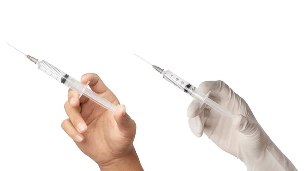 Spruta Medicinsk Injektion Handen Medicin Plast Vaccinationsutrustning Med Nål Isolerad — Stockfoto