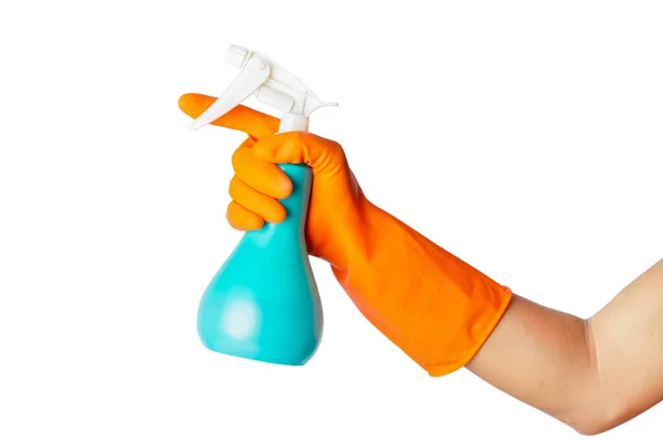 Ludzka Ręka Nosi Ochronną Pomarańczową Gumową Rękawicę Trzymającą Spray Czyszczący — Zdjęcie stockowe