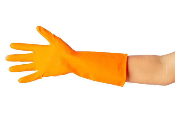 Menselijke Hand Draagt Een Beschermende Oranje Rubberen Handschoen Geïsoleerd Een — Stockfoto