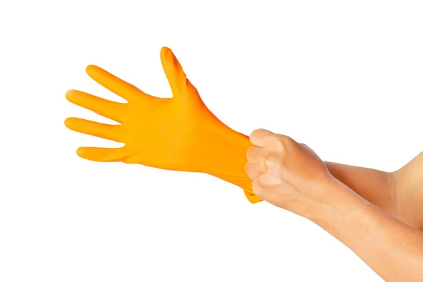 Menselijke Hand Draagt Een Beschermende Oranje Rubberen Handschoen Geïsoleerd Een — Stockfoto