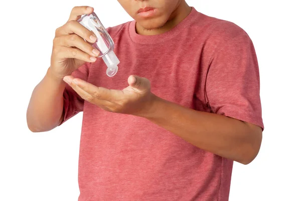 Primer Plano Del Hombre Joven Usando Pequeño Desinfectante Portátil Antibacteriano —  Fotos de Stock