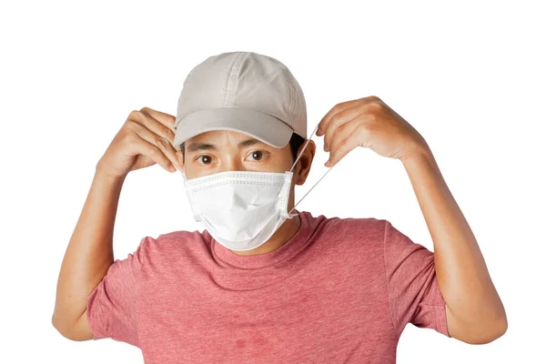 Zbliżenie Młodego Mężczyzny Noszącego Maskę Ochronną Białym Tle Ścieżki Wycinania — Zdjęcie stockowe