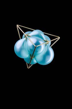 Siyah arka plan üzerinde bir birimin trigonometrik temsil izole mavi turkuaz balon ile altın üçgen piramit