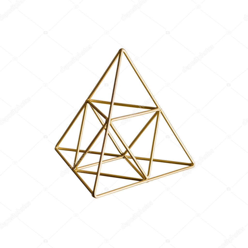 Golden triangular pyramid isolated on white background, Trigonometric representation of a volume