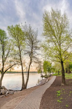 Çim blok döşeme bahar başında Dnieper Nehri Natalka Park Kiev, Ukrayna, yakın bir yol şekillendirme