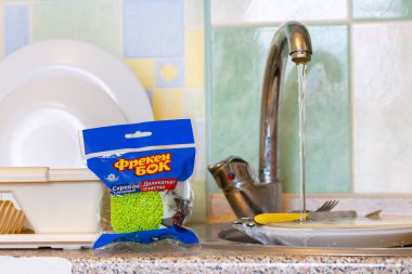 Kiev/Ukraine - February 5, 2020 - Freken Bok green plastic mesh scourer, used to clean dishes, plates, pan and pots, close to the sink in kitchen. For Ukrainian and Russian Market