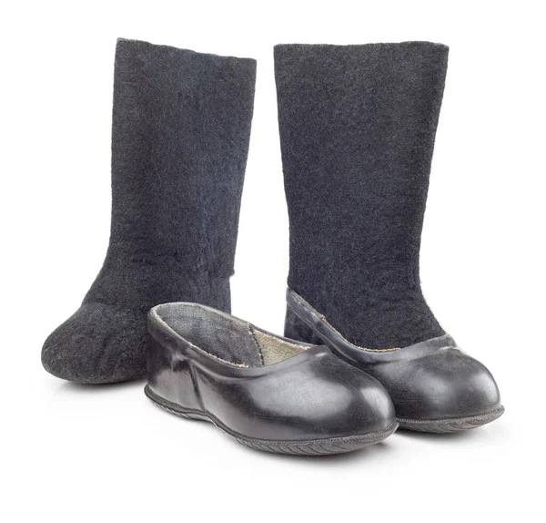 Een Paar Zwarte Rubber Vilten Laarzen Trekjes Voor Kinderen Geïsoleerd — Stockfoto