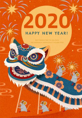 Yeni yıl aslan dansı illüstrasyonu