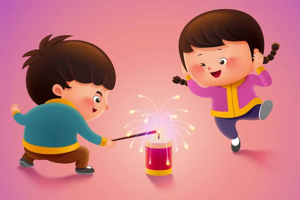 Cute children lighting firecrackers — 스톡 벡터