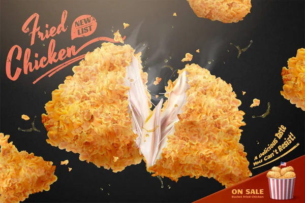 Yummy fired chicken bucket ads — Stock Vector
