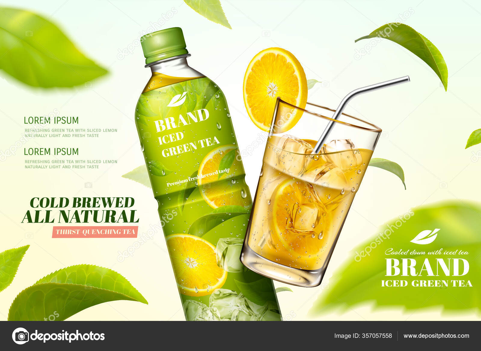 Download Bottled Green Tea Ads Flying Tea Leaves Illustration Stock Vector C Rollingstonesstudio 357057558 PSD Mockup Templates