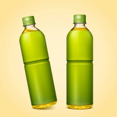 Şişelenmiş yeşil çay modeli ve üç boyutlu resimde boş paket.