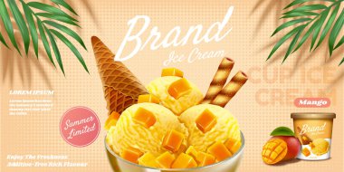 Meyveli dondurma ve 3 boyutlu resimli çikolata çubuklu nefis mango buz fincanı reklamları.
