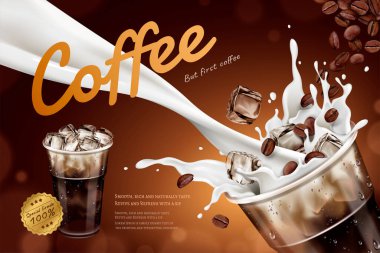 Kahve fincanının içine süt dökülen soğuk latte reklamları ve 3 boyutlu resimde kahve çekirdeklerini uçurmak, kahverengi bokeh arka plan.