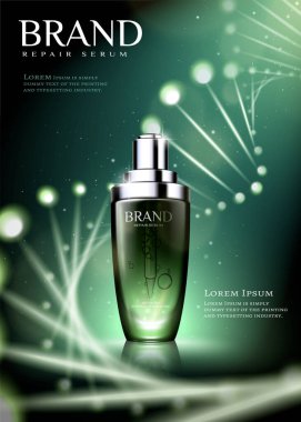 Yeşil tonlu deri damlası şişesi reklamları. 3 boyutlu resimde parlayan gen sarmalı etkisi var.