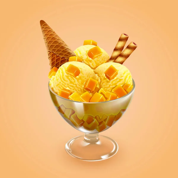 マンゴーサンデークリスピーチョコレートスティック アイスクリームコーンと3次元イラストで刻んだ果物 — ストックベクタ
